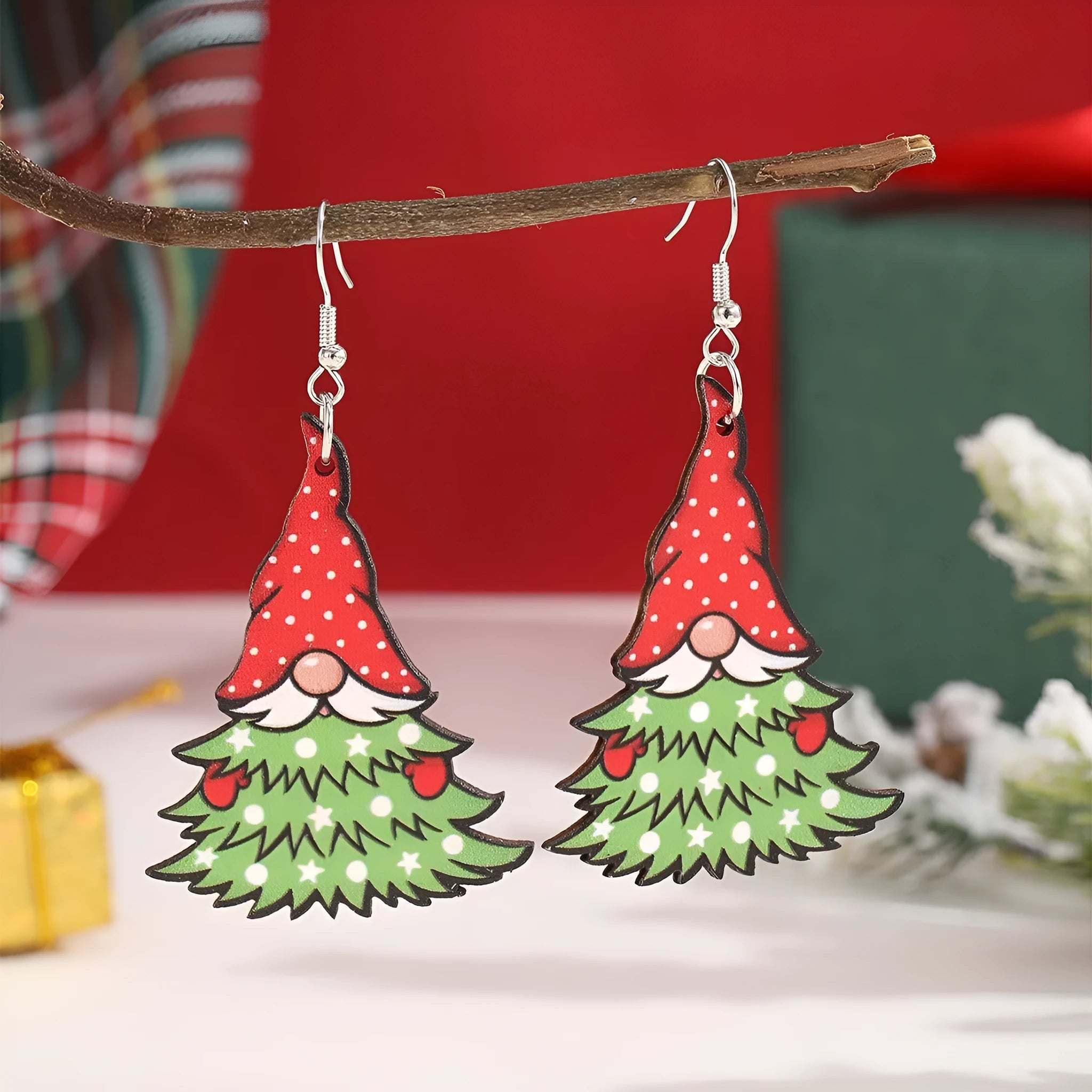 Women's wooden Christmas earrings with printed tree and snowman designs in geometric shapes