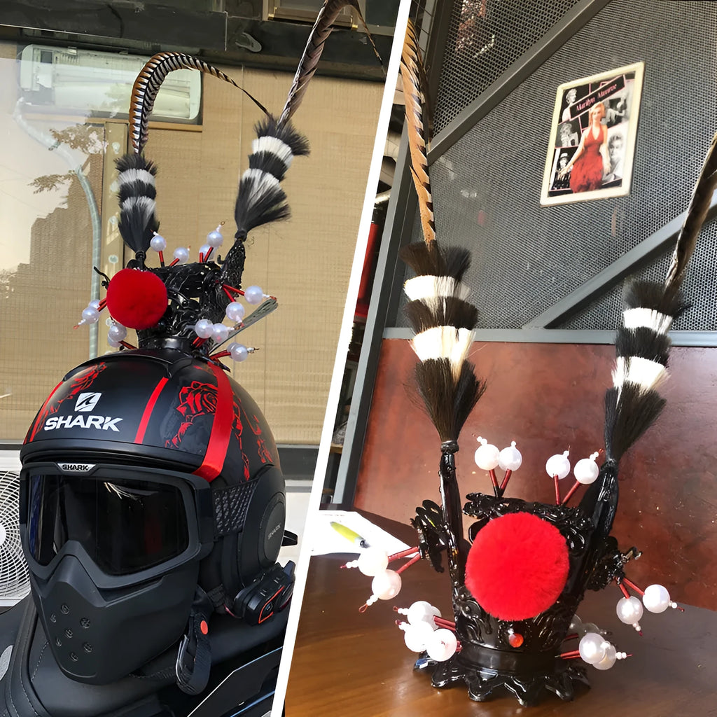 Zijin Crown gold motorcycle helmet feather ornament with long black plume attached to a black helmet.