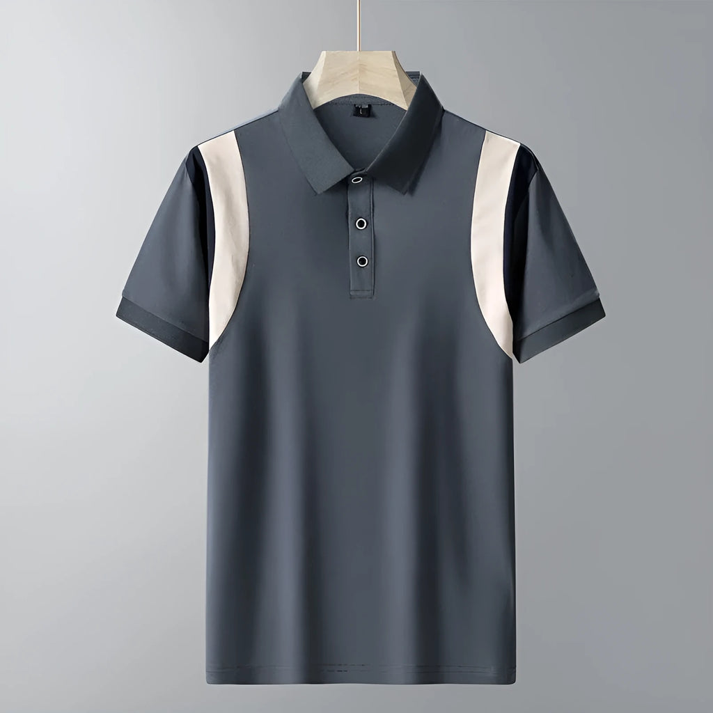 Man wearing a grey striped short-sleeved cotton t-shirt with a business lapel collar.