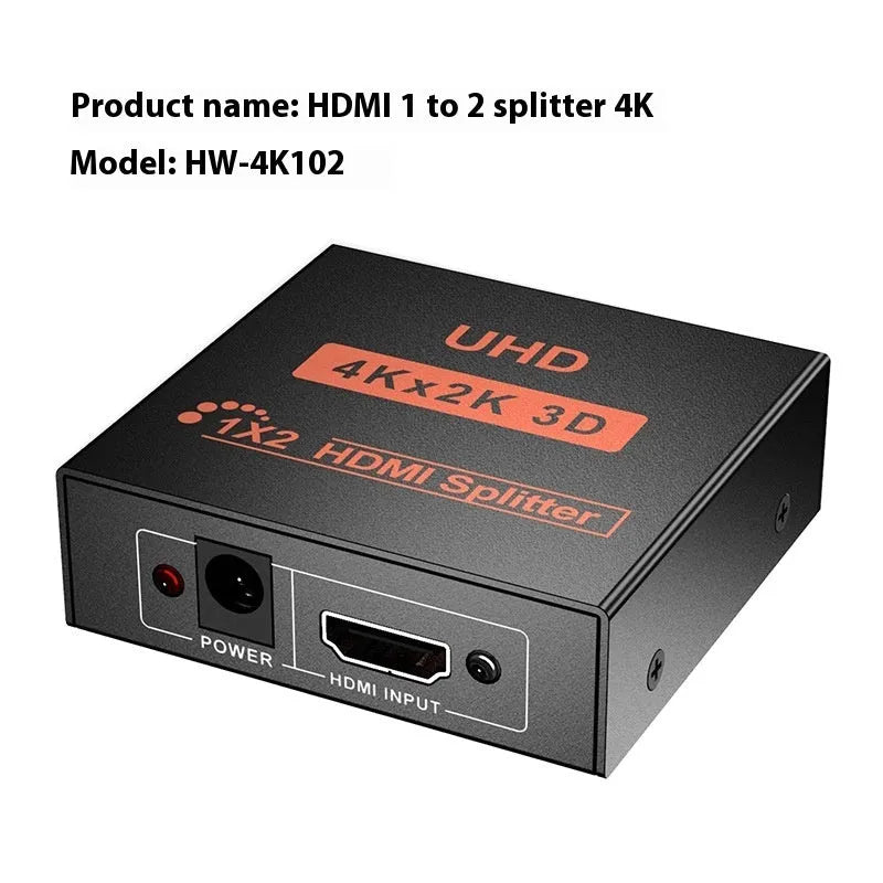 HDMI splitter device with one input and two output ports for 4K signal distribution