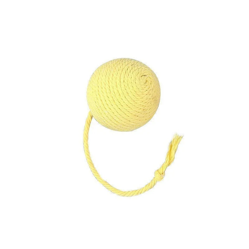 Colourful cat toy ball with an attached rope, shown in green, pink, purple, and yellow.