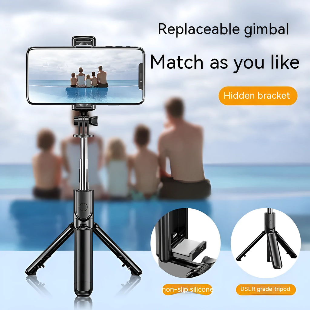 Black plastic wireless Bluetooth selfie stick with fill light and floor tripod universal phone holder
