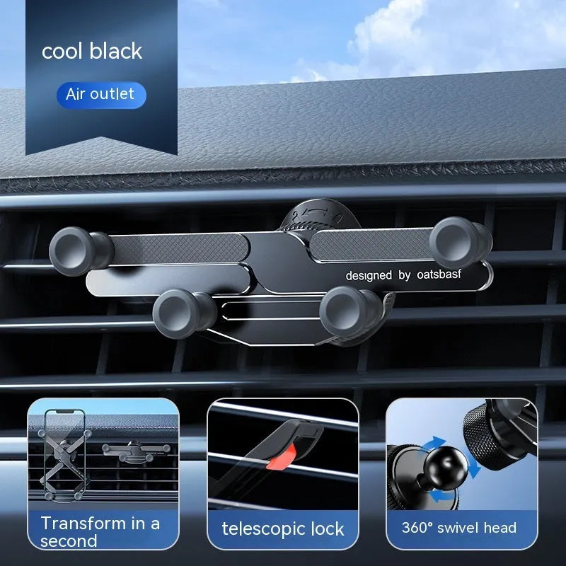 Invisible alloy on-board car phone bracket showing knob air outlet and paste mounting versions in black colour