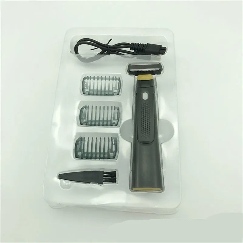 Black wireless rechargeable men's shaver with LED light on a compact stainless steel blade head