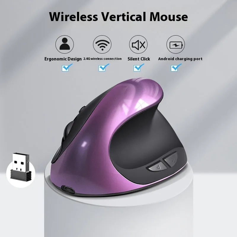 A vertical ergonomic computer mouse shown in multiple colour options including black, blue, red, and purple.