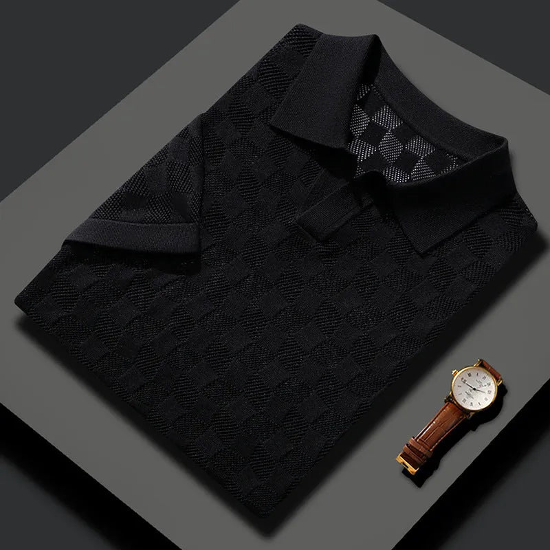 Men's short sleeve business casual sweater with lapels in mulberry silk, Jacquard weave texture