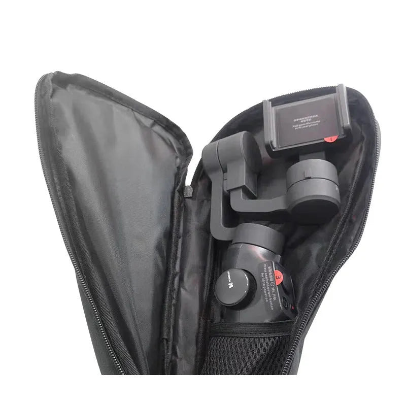 Black cloth storage bag with zip open, showing padded interior for a mobile phone gimbal.