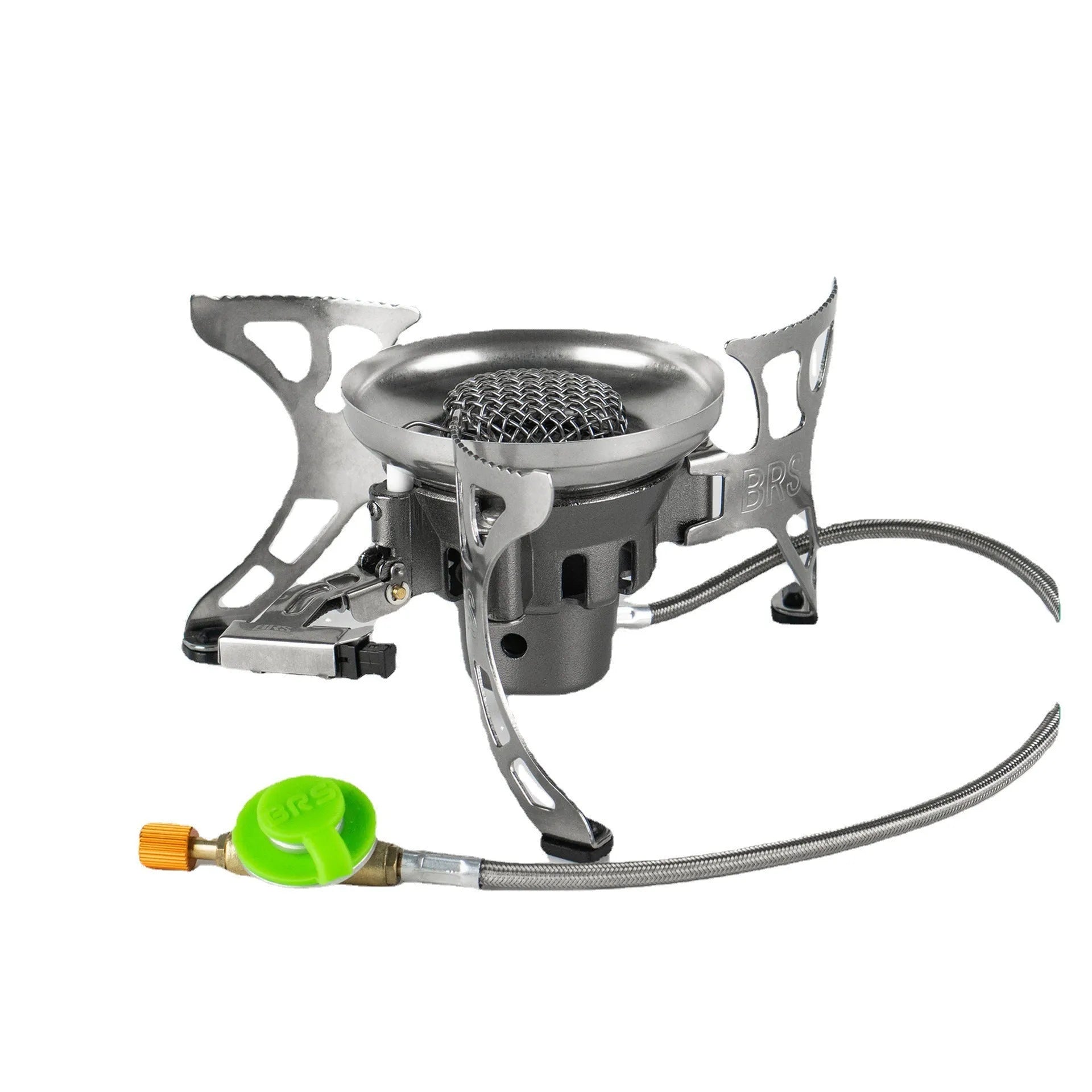 BRS-15 silver outdoor camping gas stove with stainless steel burner and copper alloy gas connections