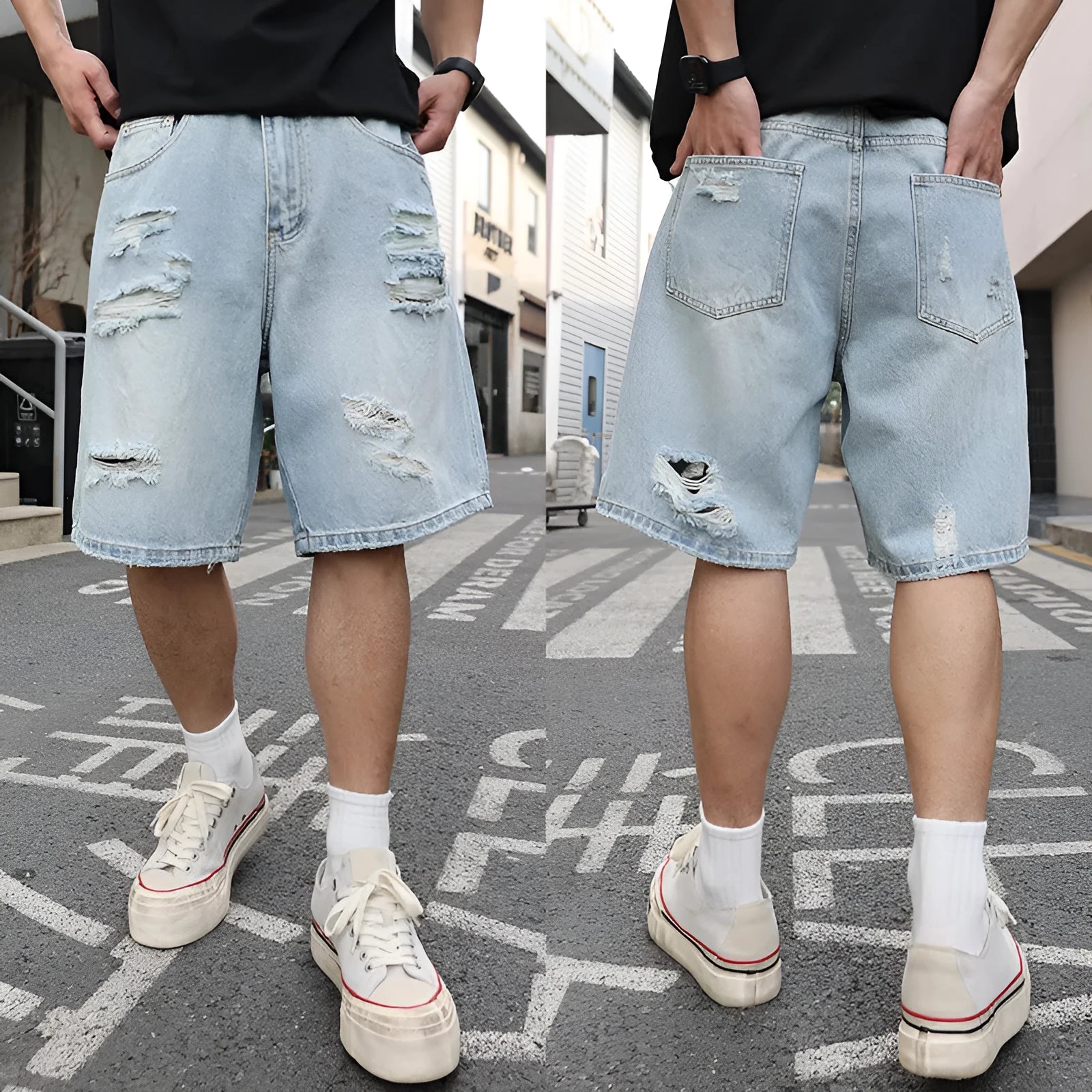 Men's light blue ripped denim shorts with distressed detailing and loose straight cut