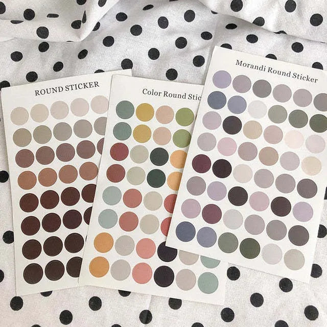 Morandi earth colour polka dot hand account seal sticker sheet with 48 individual 2cm circles.