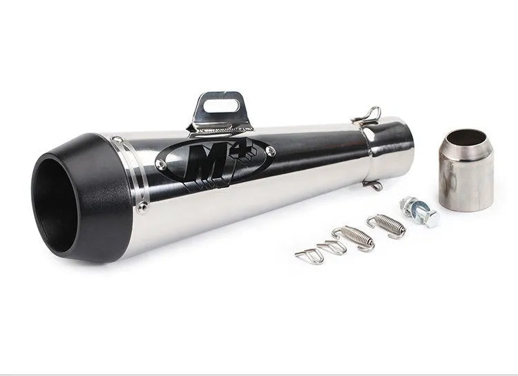 M4 universal motorcycle exhaust pipe in black finish, showing mounting hardware for large displacement bikes.