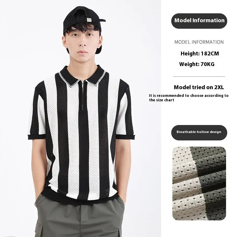 Man wearing a striped short-sleeve ice silk sweater with a decorative zipper detail.