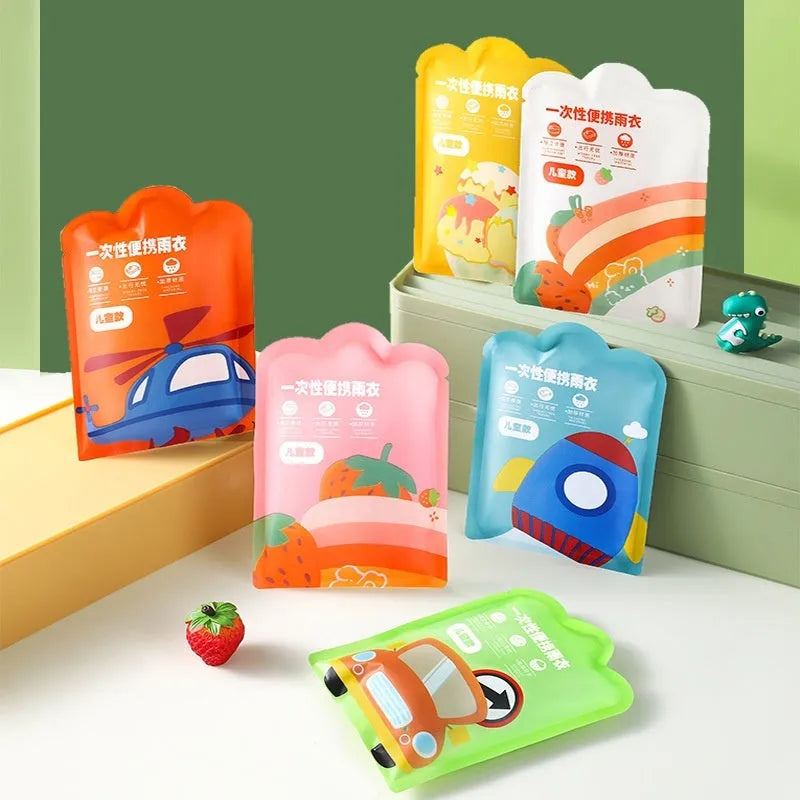 Disposable children's raincoat poncho in blue, yellow, orange, pink, green, and white colours, packaged size 13x9cm.