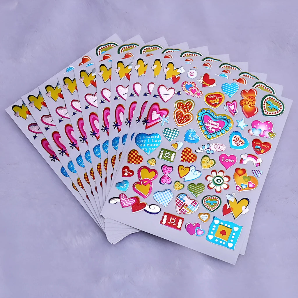 Cartoon heart reward stickers with gilding detail on waterproof laser plastic, 100 piece pack for classroom use