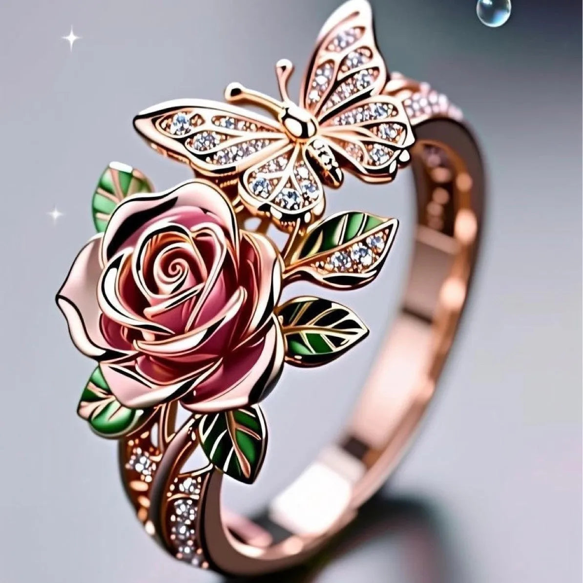 Adjustable oil drip butterfly personality ring showing colourful fairy style design with flower and insect modelling