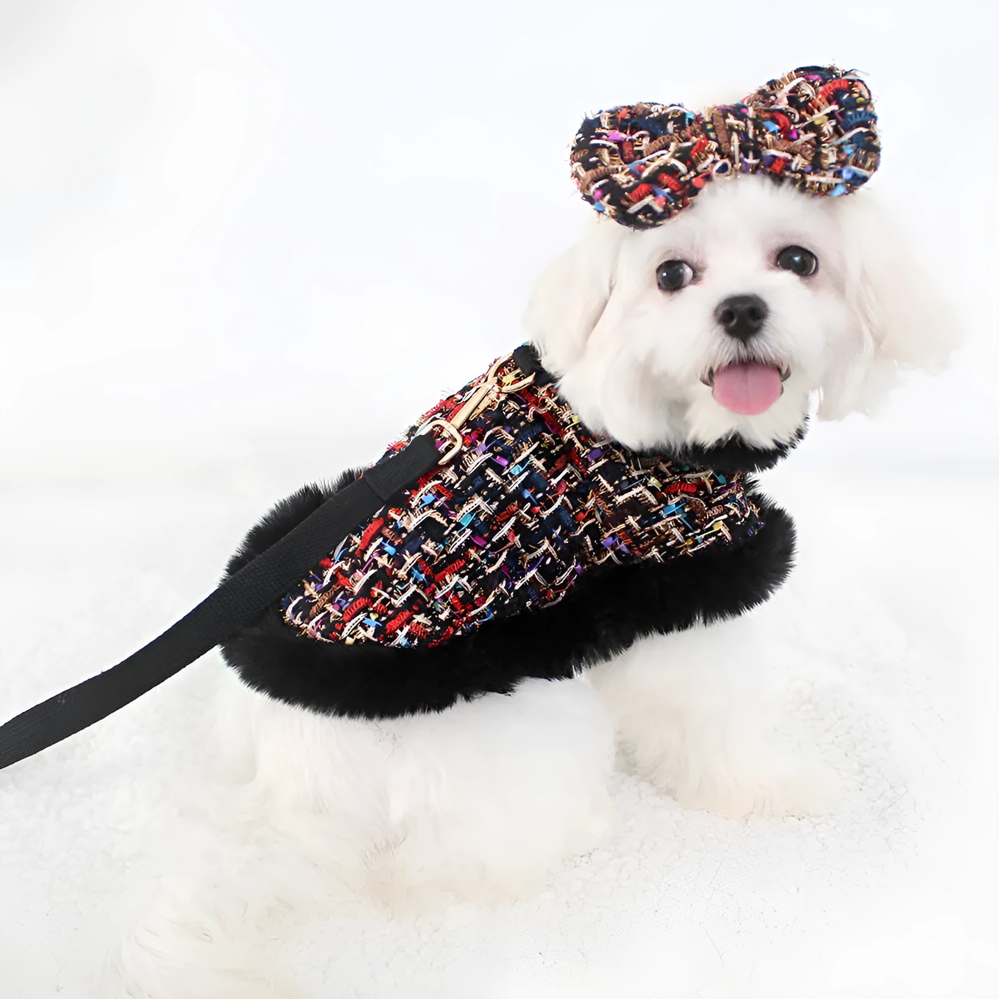 Classic style dog cloak with chest strap and matching hand holding rope in cloth material