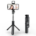 Black plastic wireless Bluetooth selfie stick with fill light and floor tripod universal phone holder