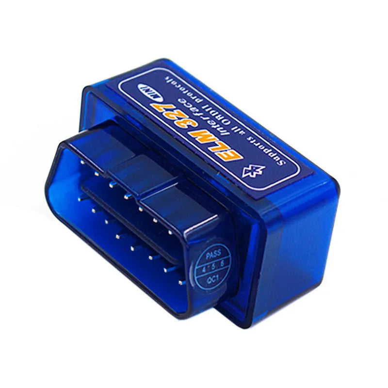 Compact blue and black Bluetooth OBD2 car diagnostic scanner with ELM327 chip.