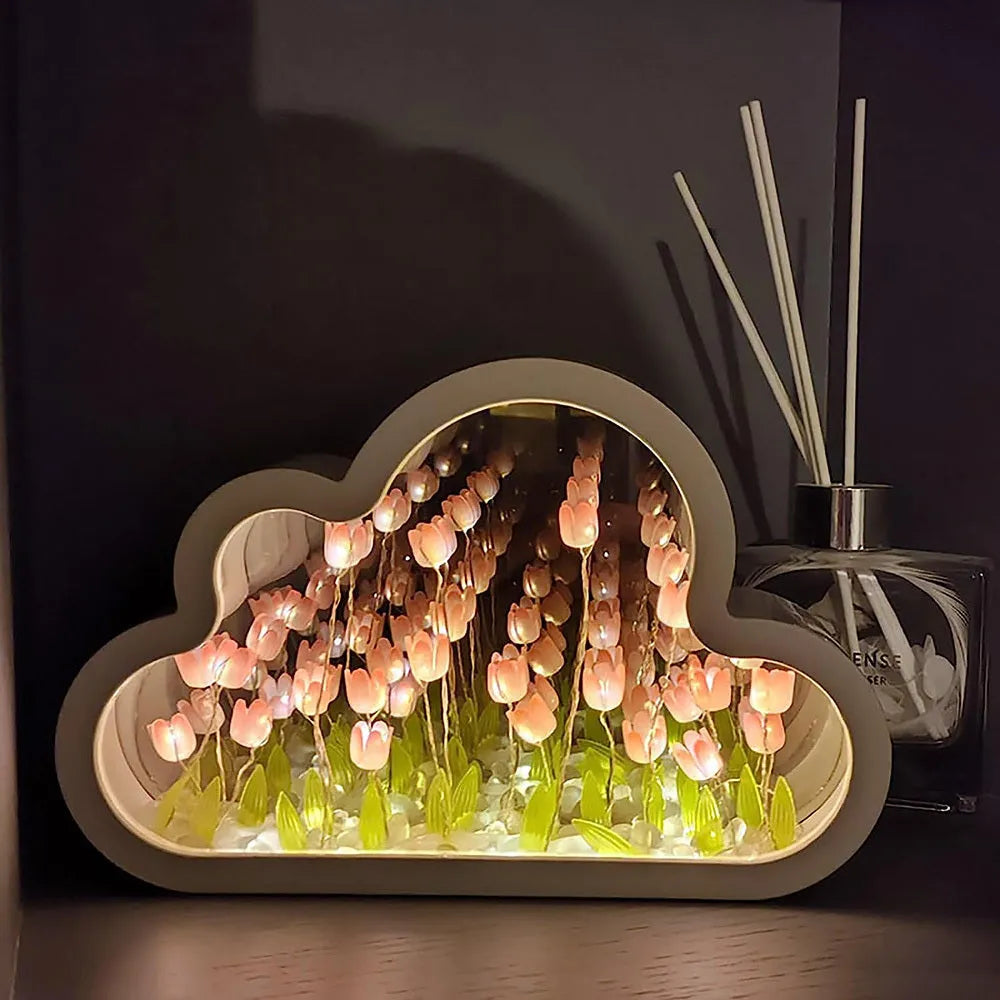 DIY cloud tulip night lamp with decorative mirror and LED light in pink, purple, blue or yellow colours