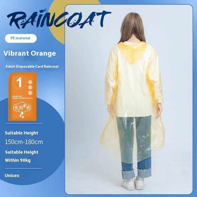 Disposable long full-body raincoat on a portable card, shown in purple, with adult and children size options.