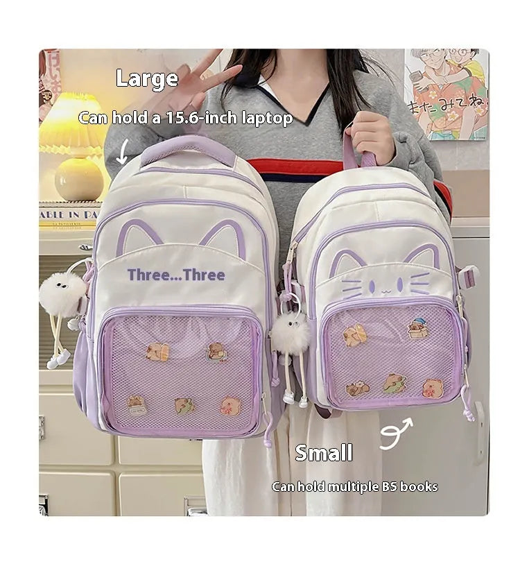Korean cartoon backpack in multiple colours with curved shoulder straps and badge pendant options