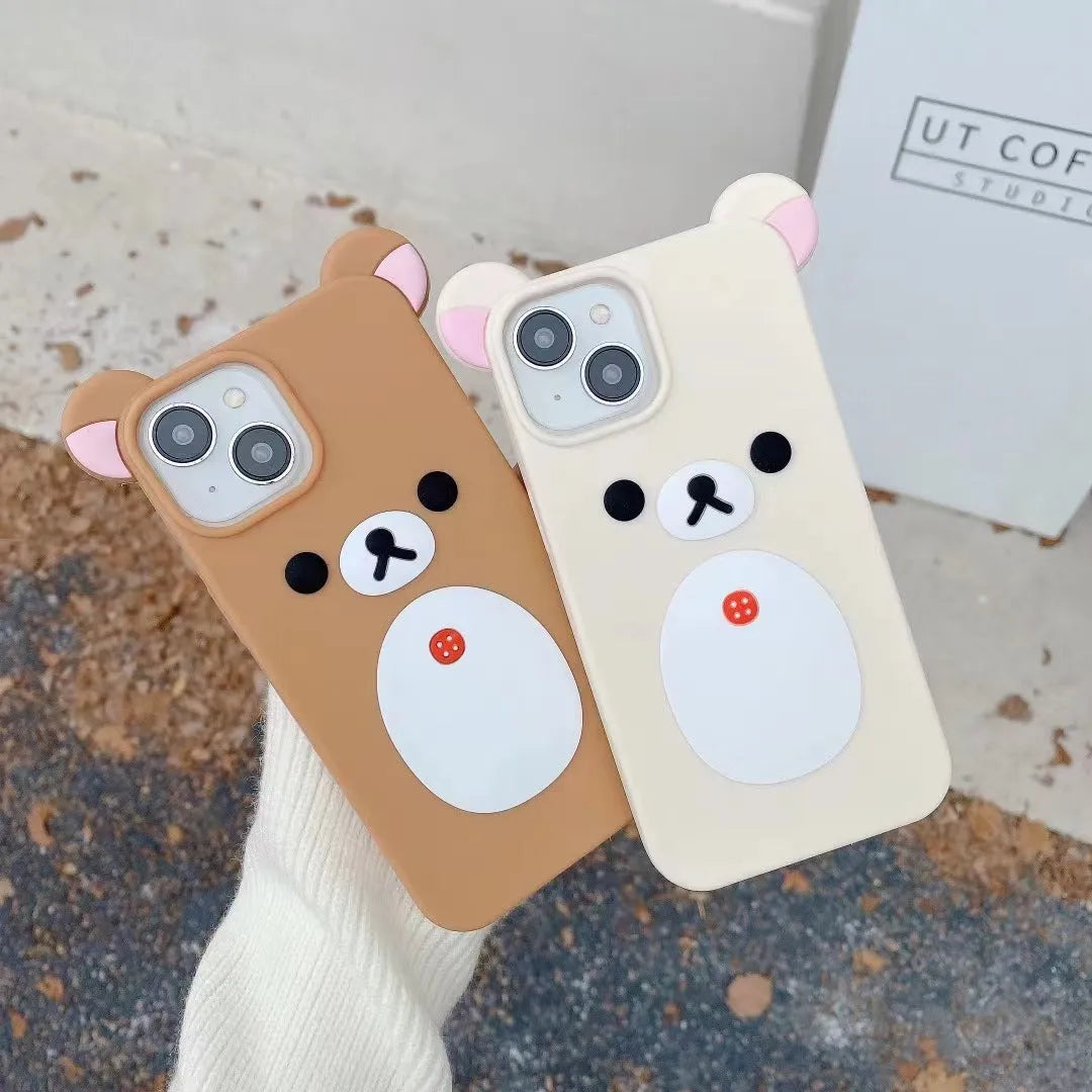 Brown and white cartoon silicone phone case with 3D relief for iPhone models