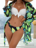 Women's three-piece mesh split bikini swimsuit set with a long coat in quick-dry polyester fabric.