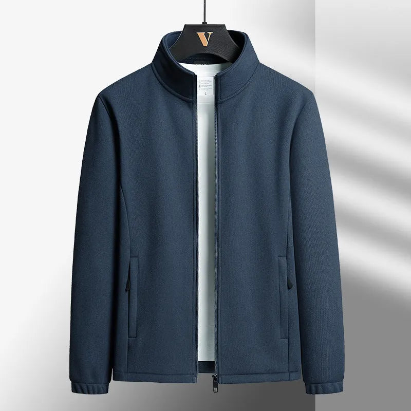 Man wearing a thick grey Berber fleece zip-up coat with a stand-up collar.