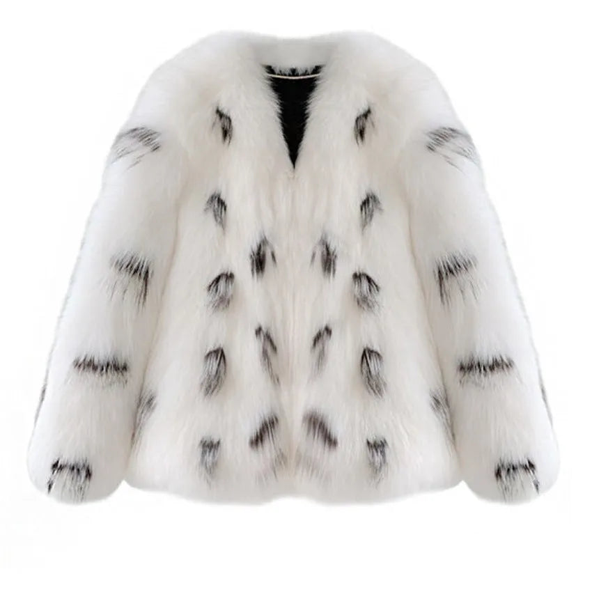 Black and white plus size women's faux fur coat with a slim fit and short length.