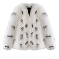 Black and white plus size women's faux fur coat with a slim fit and short length.