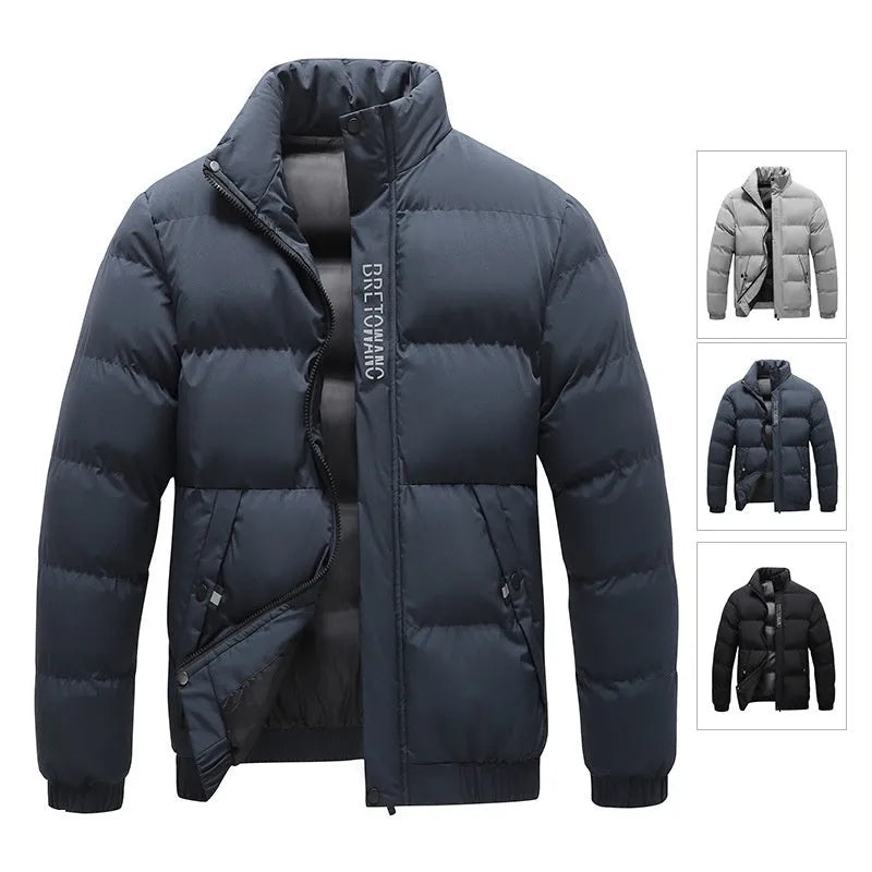 Winter men's warm padded down jacket, cotton filling, loose fit, solid colour, black, with side pockets