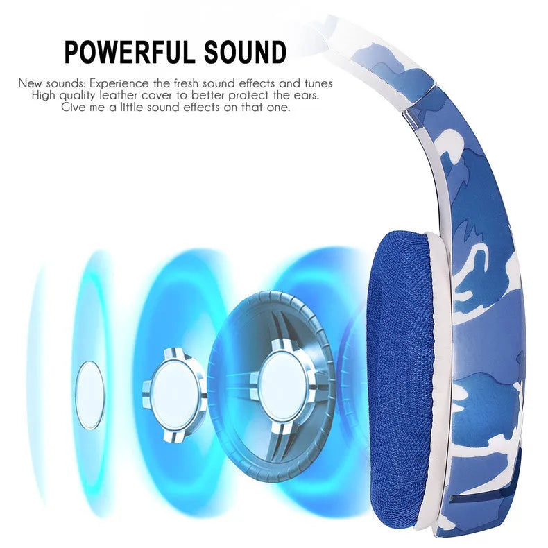 Wired gaming headset in camouflage blue or white with cloth earmuffs and braided cable