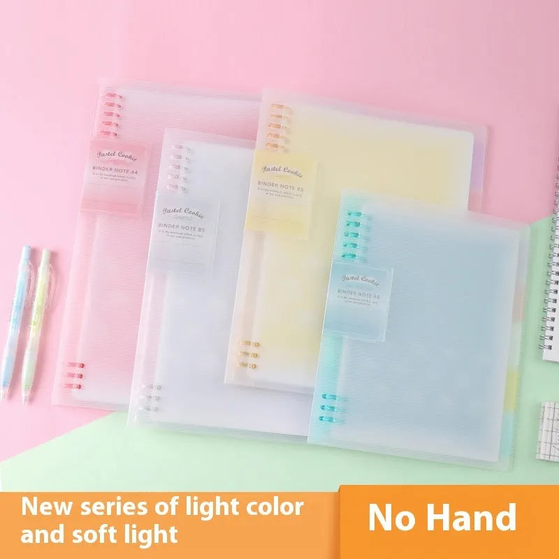 Refillable loose-leaf spiral notebook in B5 size with a pastel blue PP cover and lined pages.