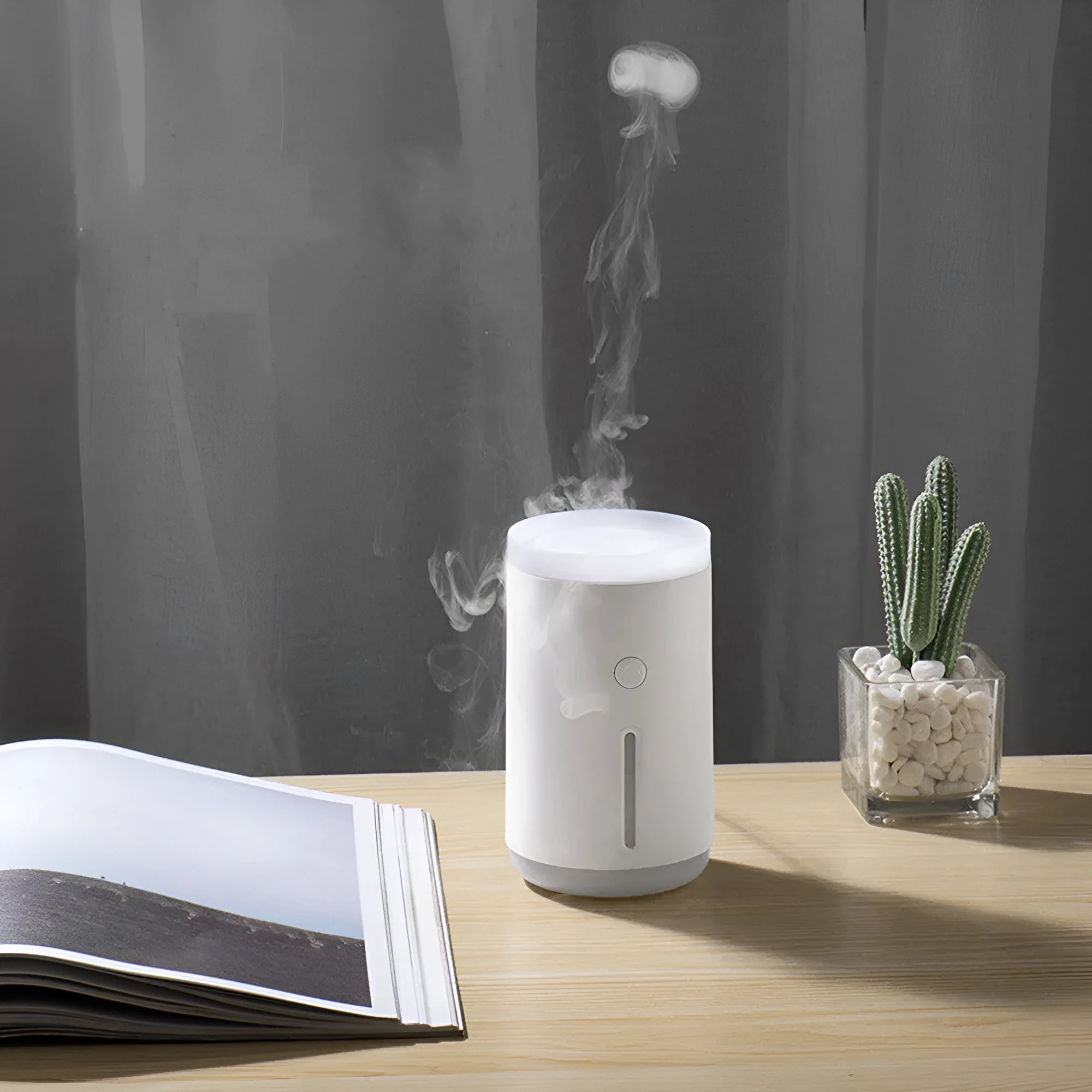 Porcelain white desktop humidifier with lamp showing 360ml water tank and compact design