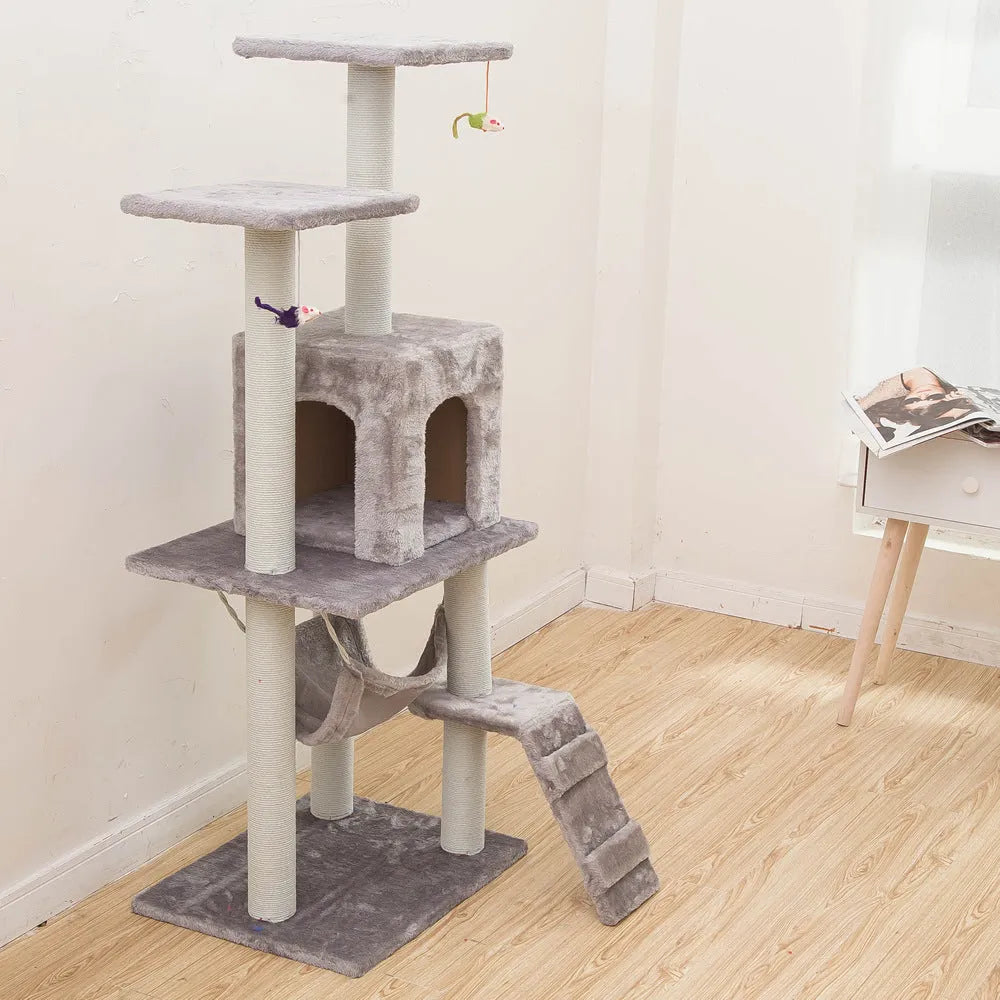 125cm cat climbing frame with soft wool cloth cover, beige colour, with nest and tray