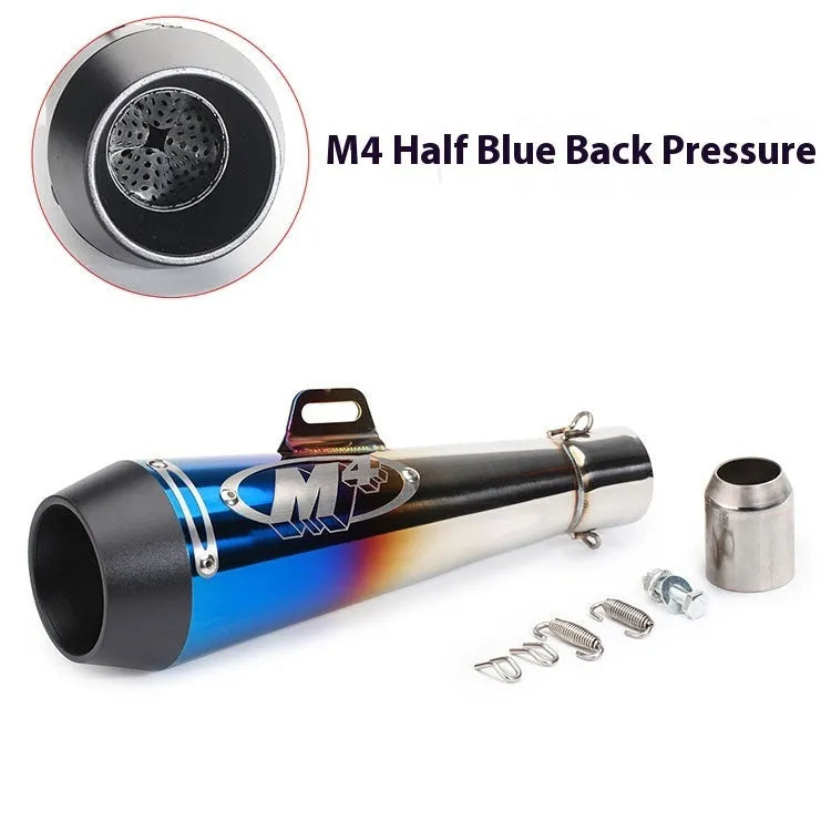 M4 universal motorcycle exhaust pipe in black finish, showing mounting hardware for large displacement bikes.