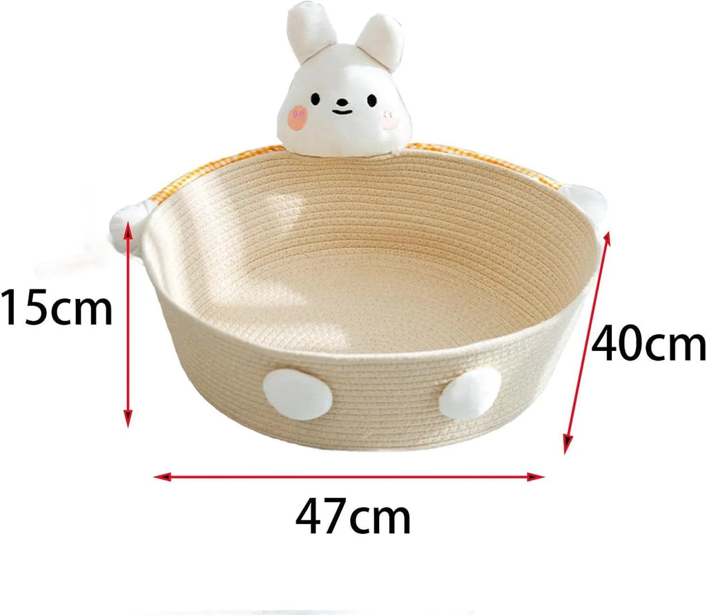 Woven cotton rope cat bed with scratching board in bear design, showing basket shape with textured surface