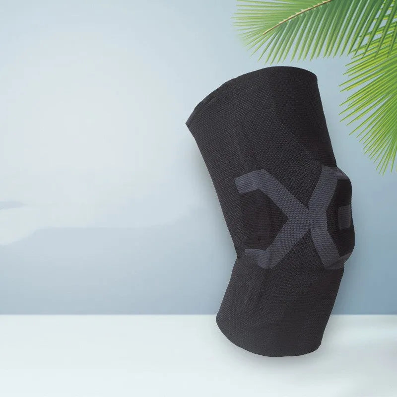 Men's silicone knee pads for sports in black and blue, shown from a front view.