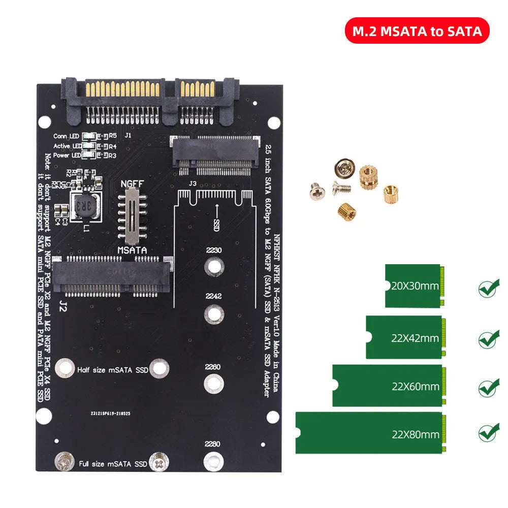 Black and blue SATA3 to M.2 NGFF MSATA SSD adapter card on a white background.