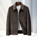 Men's black lapel collar casual slim-fit jacket coat on a hanger.