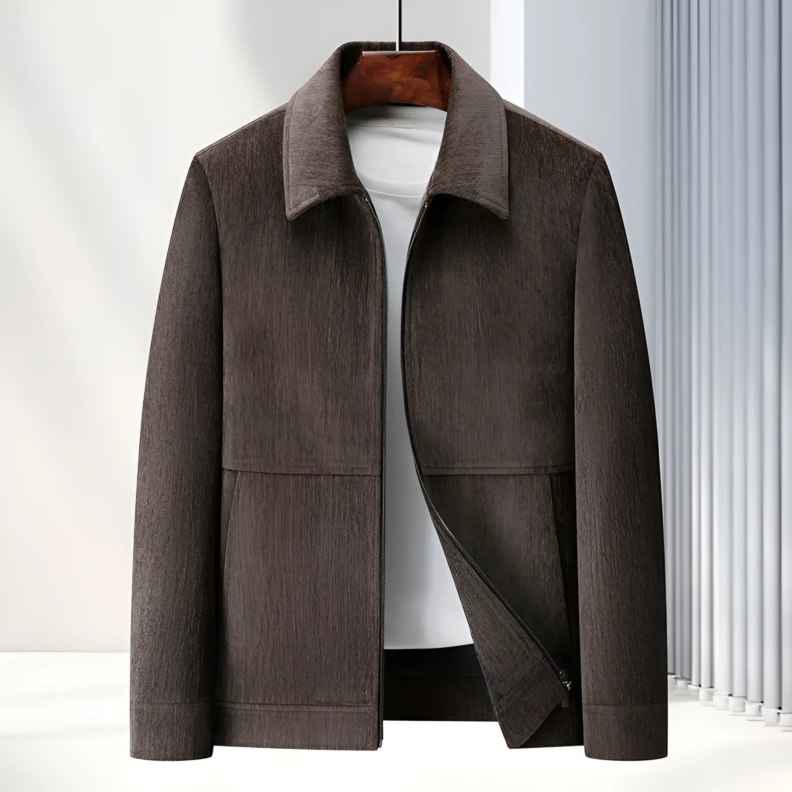 Men's black lapel collar casual slim-fit jacket coat on a hanger.