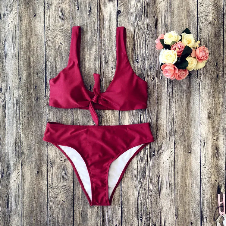 Women's pure colour polyester bikini swimsuit in European American style
