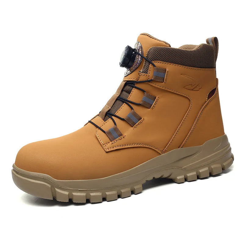 JK682 model leather upper safety shoes with rubber sole, shown in black, yellow, and grey colour options.