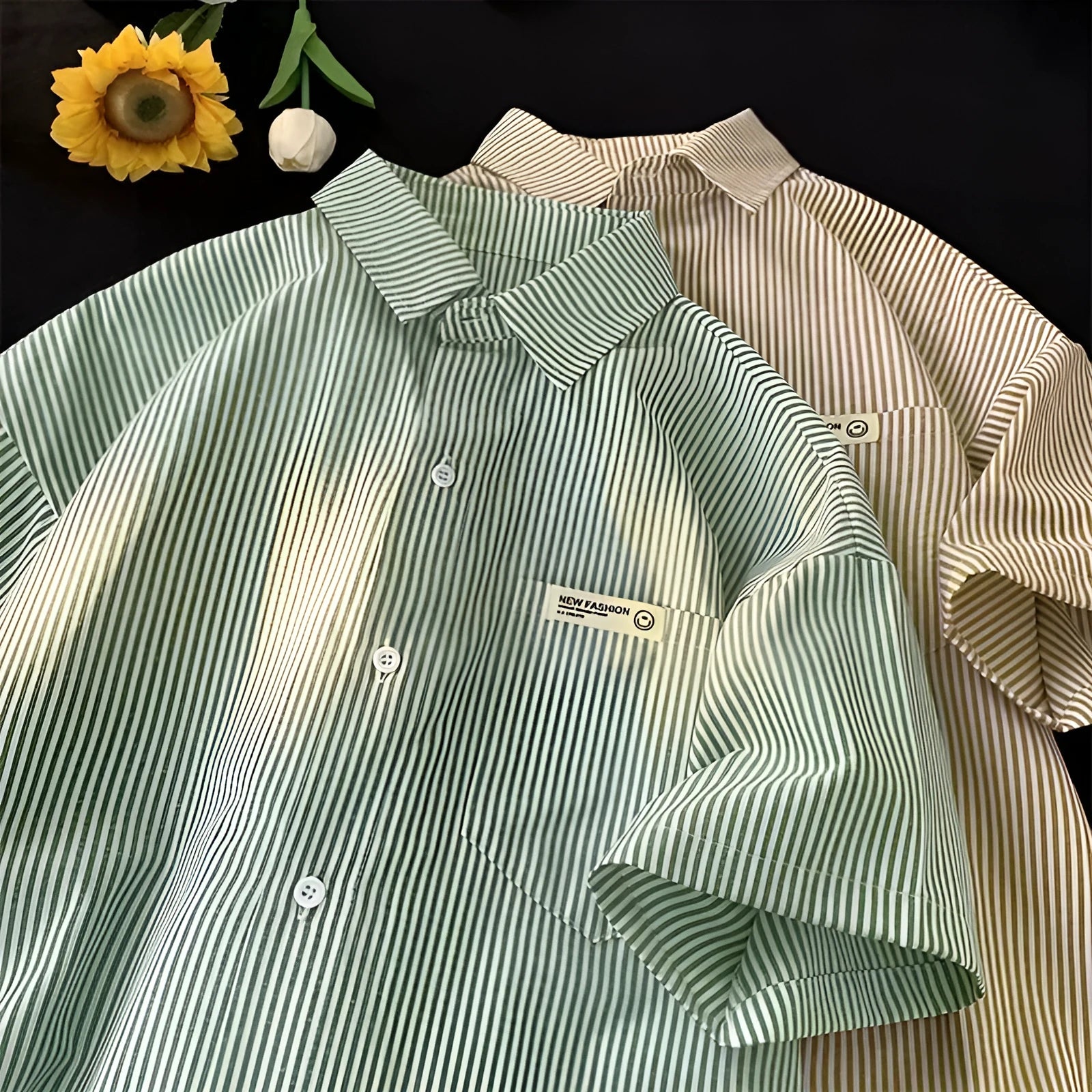 Blue and green striped plus size casual half sleeve shirt with loose cardigan fit