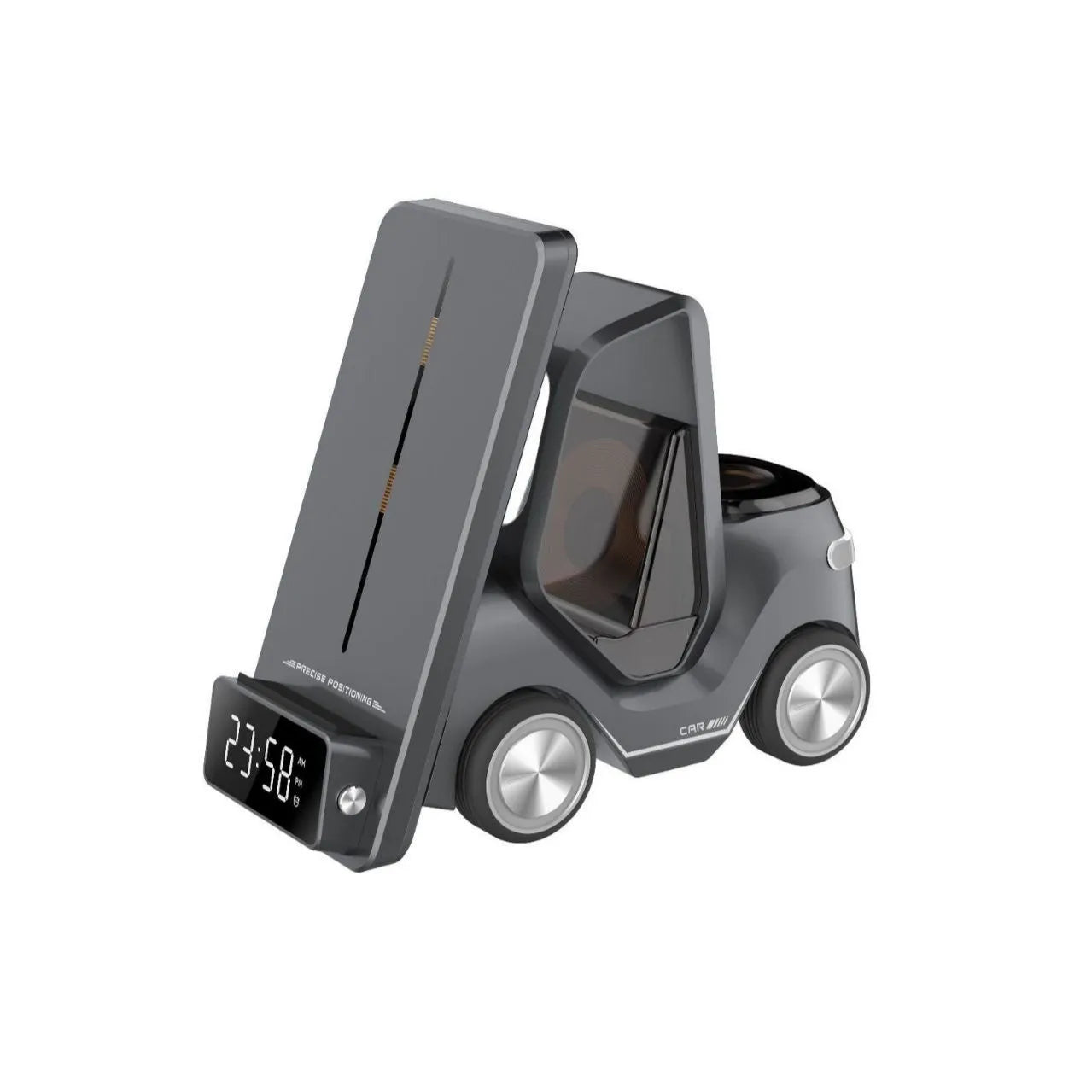 Grey three-in-one wireless charging bracket holding an iPhone, Apple Watch, and AirPods case, with integrated UK plug.