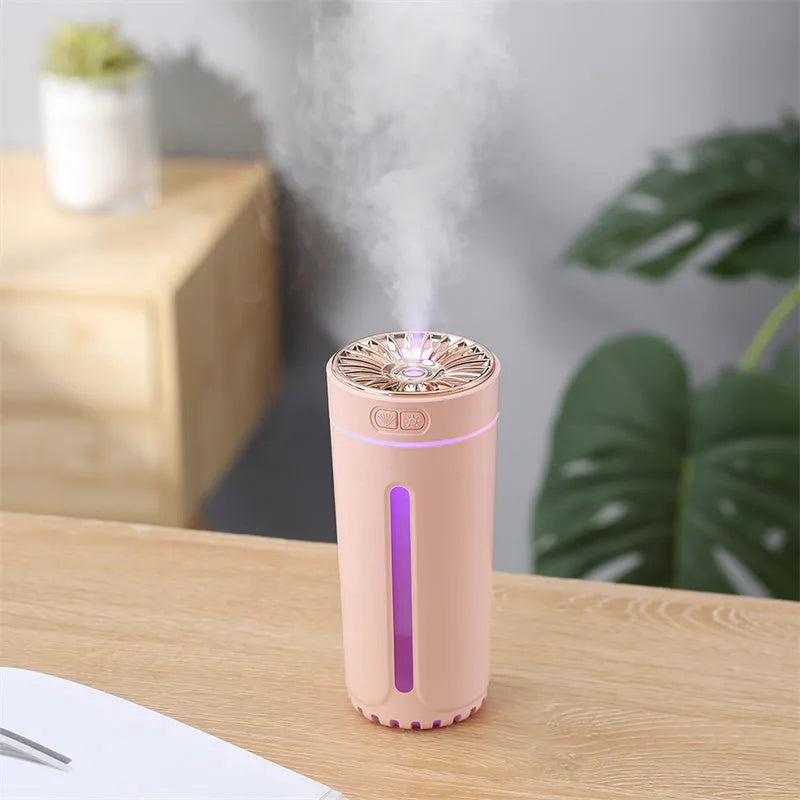 Wireless air humidifier with colourful lights on a car cup holder, 800mAh rechargeable cool mist maker