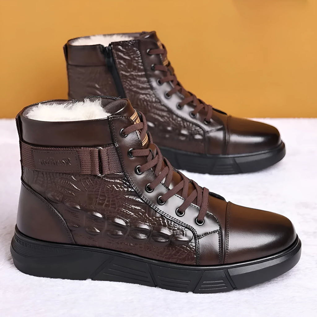 Genuine leather winter boots with fur lining and velvet trim, featuring non-slip rubber soles and front lace-up design