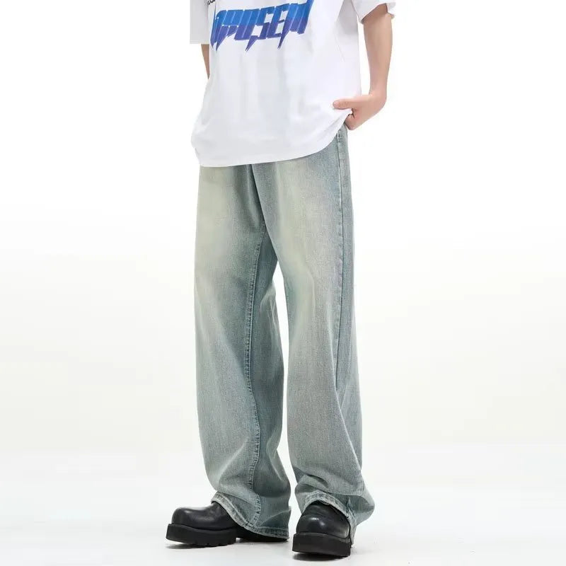 Blue loose-fit retro trousers made from rabbit fur fabric on a hanger.