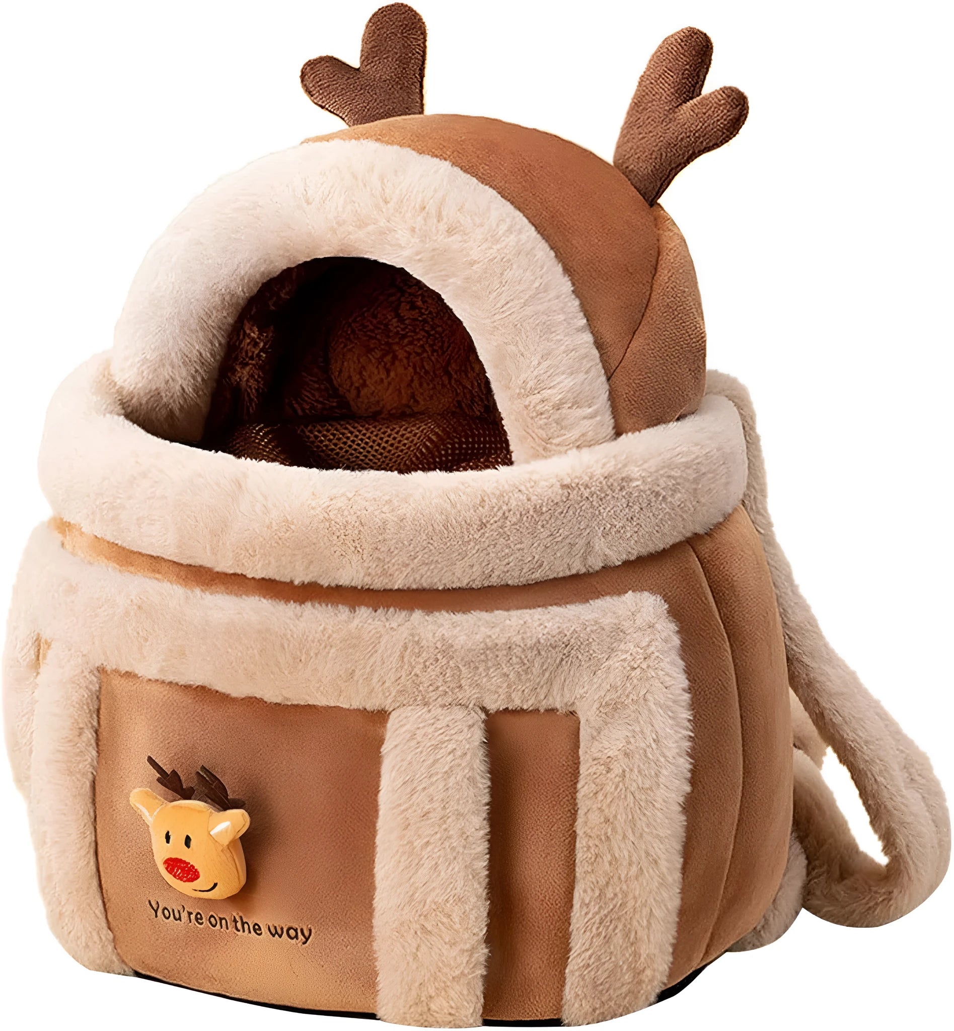 Plush reindeer pet carrier backpack with hand warmers in medium size for winter dog travel