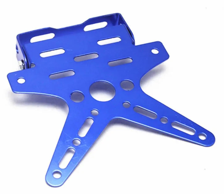 Aluminium alloy bat-shaped motorcycle licence plate frame in black with adjustable angle on rear of bike